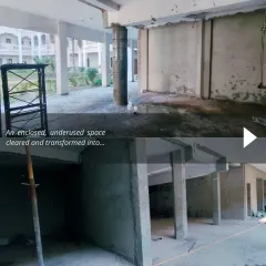 A before-and-after sequence at JNMC Wardha, where an enclosed, underused space was cleared and transformed into an open, functional area. This highlights our process of revitalization and finding potential within existing structures.