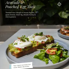 Your classic avo toast, but richer and brunchier. We serve it on toasted sourdough with perfectly poached eggs and a side salad. It's a customer favorite for a reason.