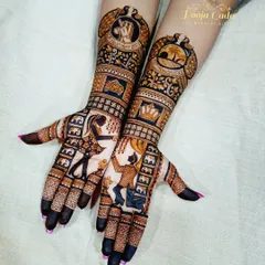 A vibrant and story-rich engagement design. The palms depict a lively Garba dance scene, while the forearms include a crown, a wedding proposal, and other personalized elements.