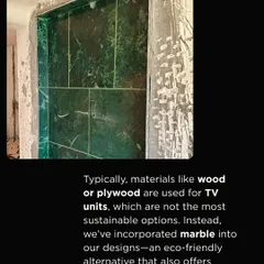 We chose to use marble for this TV unit as a sustainable alternative to wood or plywood. Marble is a natural, long-lasting material that adds a touch of elegance and avoids contributing to deforestation.