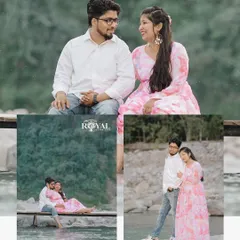 A beautiful collage from a riverside maternity shoot, featuring a couple sharing tender moments. The images show both close-up portraits and wider shots with their feet in the water.
