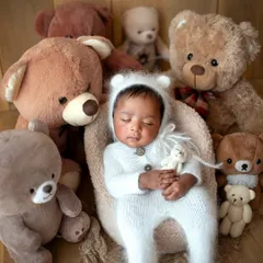 This little one is nestled amongst a collection of teddy bears. I will show you how to use props to create a narrative and add a sense of scale and sweetness to your newborn portraits.