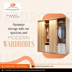 This graphic illustrates a spacious and modern sliding door wardrobe. The light wood finish provides a natural look, while the interior layout shows a mix of hanging rails, shelves, and drawers to maximize storage capacity.