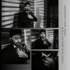 Classic never goes out of style. A stylish black and white collage of the groom adjusting his tie, capturing the fine details of his reception attire.