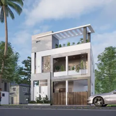 This is the final 3D render for Project No. 231. The design incorporates a rooftop pergola, recessed balconies with greenery, and a mix of smooth and textured concrete finishes for a dynamic and modern multi-level home.