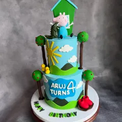 Here's a big George Pig cake for Aruj's big 4th birthday! This two-tier cake is in my signature Chocolate-Dulce de leche flavor, with all the fun, handmade fondant accents sitting on a smooth ganache finish.