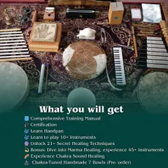 This is what you get when you join my training. It's a complete package including a comprehensive manual, certification, and hands-on learning with dozens of instruments and ancient healing techniques.
