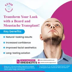 This split-view image showcases the transformative power of a beard and moustache transplant. One side shows a face with patchy, sparse facial hair, while the other reveals a full, dense, and well-defined beard, highlighting the natural-looking results we achieve.