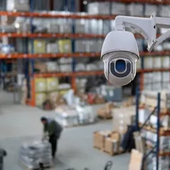 A strategically placed Pan-Tilt-Zoom (PTZ) camera allows for active monitoring of inventory, employee activity, and loading docks in a warehouse. This technology is essential for preventing loss and enhancing operational oversight in large commercial facilities.