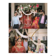 A collage showing the bride's grand entry under the 'phoolon ki chadar' and the groom's regal arrival on horseback.