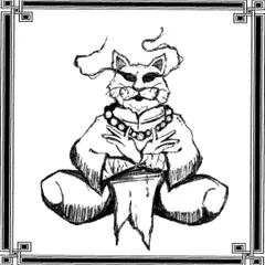 A custom tattoo design of a meditating cat character. This is an example of how I can take an idea and 'DKRYPT' it into a unique piece for you.