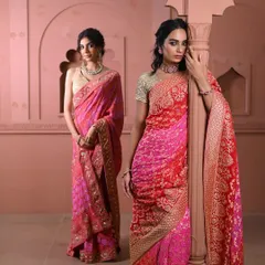 Two models showcasing festive bandhani and brocade sarees in shades of pink and red. The rich fabrics and intricate borders make them perfect for weddings and special occasions.