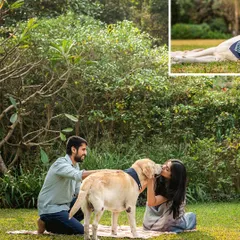 A collage showing a couple sharing a sweet kiss with their senior Labrador, Spike, during his 10th birthday celebration in a lush green park.
