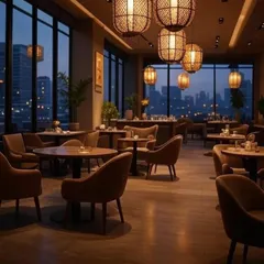 An evening view of a restaurant with a warm and inviting ambiance. The woven lantern-style pendant lights and large windows with a city view create a perfect setting for a memorable dining experience.