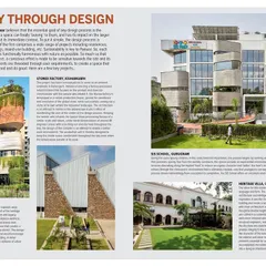 A spread from the magazine showcasing a journey through our diverse portfolio, including the Sansiri Office, Stonex Factory, GD Goenka School, and a heritage villa.