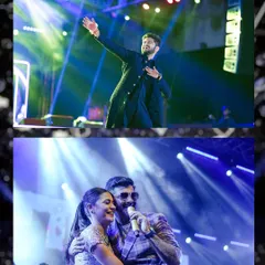 A collage capturing the high-energy performances at a Sangeet night. From the groom's solo act to the couple's romantic duet, the stage was alive with music and love.