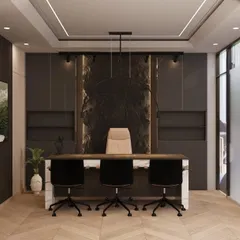 This is a 3D design for a luxury master cabin in a Delhi office. I focused on creating a powerful and sophisticated atmosphere with dark tones, a statement marble desk, and integrated storage. The layered lighting, including the cove ceiling and backlit panel, adds a rich, high-end feel.