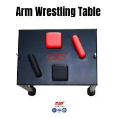 An overhead view of the Arm Wrestling Table, showing the elbow pads and pin placements.