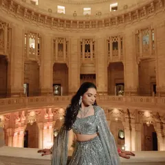 For Nikita's sangeet at Mehrangarh Fort, we went for something unexpected. This powder-blue fishtail lehenga by Gaurav Gupta was a modern, dramatic choice that stood out beautifully against the royal backdrop.
