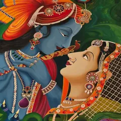 A close-up of a commissioned Radha Krishna masterpiece, showing the vibrant devotion in every brushstroke. I used gem-like stones, pearls, and textured details to add a regal depth to their jewelry and attire, making the divine story sparkle with elegance.