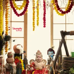 Our little Krishna has arrived! This baby boy looks adorable on his throne in our vibrant Janmashtami studio setup, ready to steal hearts.
