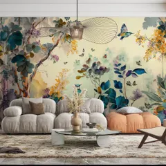 A living room featuring a vibrant, artistic mural that combines floral and nature motifs. This custom wallpaper serves as a stunning backdrop for modern furniture.