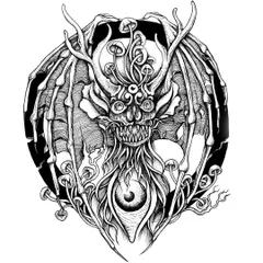 A finished design of a winged, demonic creature with antlers and a third eye, surrounded by mushrooms. The skeletal wings and sharp teeth give it a dark, fantastical feel.