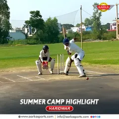 A batsman stands ready to face a delivery at our Haridwar camp. Players get extensive time in the middle to work on their technique, shot selection, and temperament against live bowling.