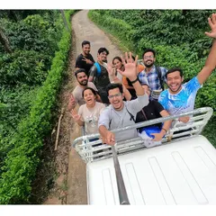 A selfie from the top of a jeep during an off-road journey on the Netravati trek. The ride is an adventure in itself.