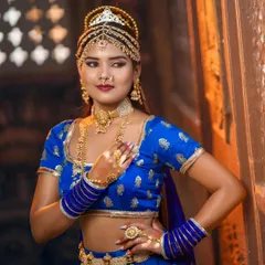 A regal portrait of a model in our royal blue themed attire. The gold choker, necklace, and multi-layered matha patti create a look of pure fantasy.