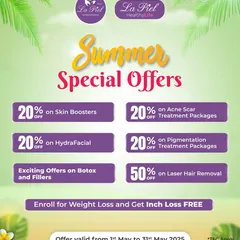 Get ready for your summer glow-up with our special offers. We provide discounts on popular treatments like Skin Boosters, HydraFacial, Laser Hair Removal, and more to help you look and feel your best all season long.