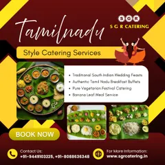 We offer a full range of Tamil Nadu style catering, including traditional wedding feasts, breakfast buffets, and banana leaf meal service. This graphic illustrates the versatility of our authentic South Indian offerings.