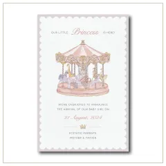 To announce the arrival of a little princess, we designed this whimsical birth announcement card. The centerpiece is a custom-illustrated carousel in soft pastel watercolors, complete with charming animals, creating a cherished memento for the family.