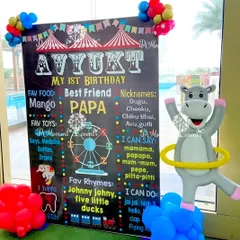 A personalized chalkboard-style sign for Avyukt's first birthday, listing all his favorites, from foods and toys to rhymes and nicknames.