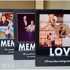 I offer these tabletop frames in both 'Love' and 'Memories' themes. This image shows a lineup of different custom orders, each telling a unique story through a photo collage.