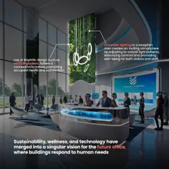 The future of the office is a fusion of sustainability, wellness, and technology. This concept illustrates how we merge vertical gardens (biophilic design) and circadian lighting to create buildings that respond to human needs.