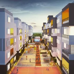 A 3D visualization of the Anand Somu Pristine gated community. The design focuses on the streetscape as an interactive space for play and gathering, with a central recreation area including a badminton court and pool.