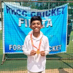 Player of the Match, Bhargav Pavan, proudly displays his medal after his brilliant 91 not out led us to victory in the RRCC Cup U-10.