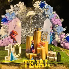 A magical outdoor 'Frozen' theme birthday party for a 10th birthday. The setup includes a silver shimmer wall, character cutouts of Anna and Elsa, and a balloon arch in pastel blues, purples, and whites, all brought together with custom light-up letters for the birthday girl's name.