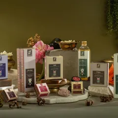 A full product line showcase we shot for Zeva, an ayurvedic beauty brand. This image demonstrates our ability to style and shoot a large collection, creating a cohesive and luxurious brand world with intricate props and balanced composition.