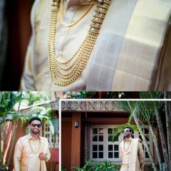 A collage showcasing the groom's dapper traditional look. We pay attention to the details of the groom's attire, from the silk veshti to the layered necklace.