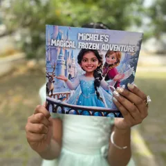 Here is a custom 'Frozen' adventure book I created, held up proudly. I transform your child's photo into a beautiful illustration that fits right into the story, making them the star alongside characters like Anna.