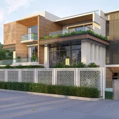 From the sketch to the screen. This is the photorealistic 3D render of the initial concept, showing the final design with materials, lighting, and landscaping during the day.