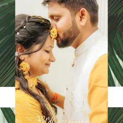 A sweet and intimate moment from a Haldi ceremony. The groom gently applies haldi to the bride's forehead, capturing their love and connection.