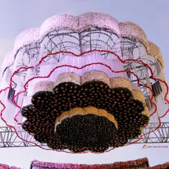 A view from below of a massive floral chandelier. The intricate design combines layers of white and pink flowers, creating a stunning centerpiece that defines the entire space.
