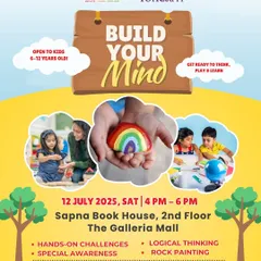 Announcing our "Build Your Mind" event in partnership with ToyKraft! This poster details the hands-on challenges, logical thinking games, and rock painting activities for kids aged 6-12.