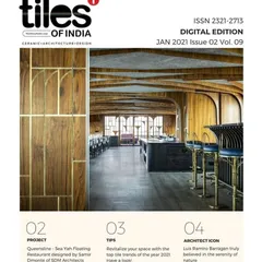 The cover of The Tiles of India magazine, featuring the interior of the Queensline Sea Yah. This publication recognized the project for its innovative design and contribution to hospitality architecture in India.