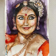 This watercolor portrait is of my dear friend Anju, a talented Mohiniyattam dancer. She has been a huge inspiration in my life, and this painting is a small tribute to her grace and passion.