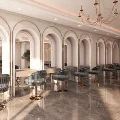 I designed this luxury salon with repeating archways to create a sense of rhythm and elegance. The combination of marble-finish floors, plush seating, and warm, indirect lighting provides a serene and high-end experience for clients.