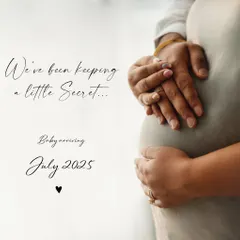 A simple and elegant digital announcement card. I can create these beautiful, minimalist designs featuring a close-up of your hands and bump with your due date.